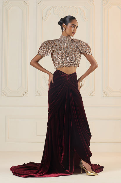 Maroon Velvet Wrap Skirt Set