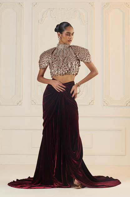 Maroon Velvet Wrap Skirt Set