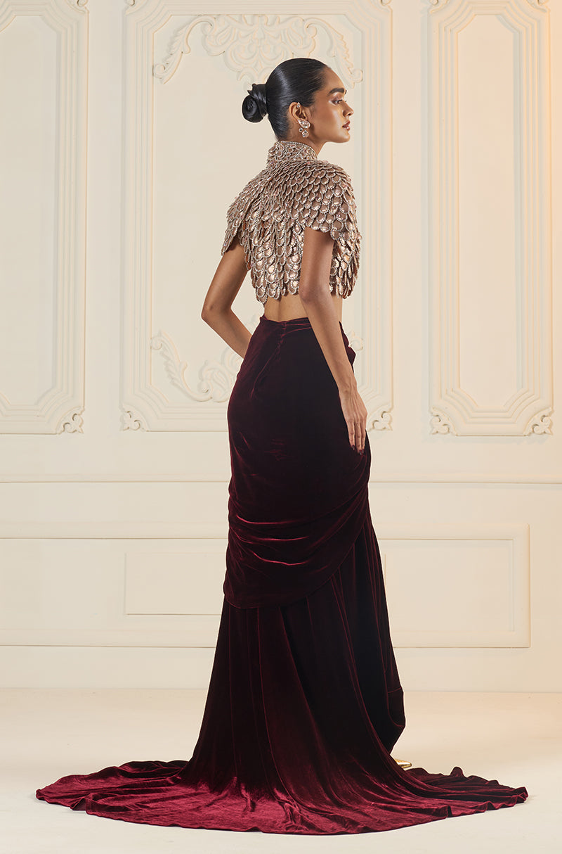Maroon Velvet Wrap Skirt Set