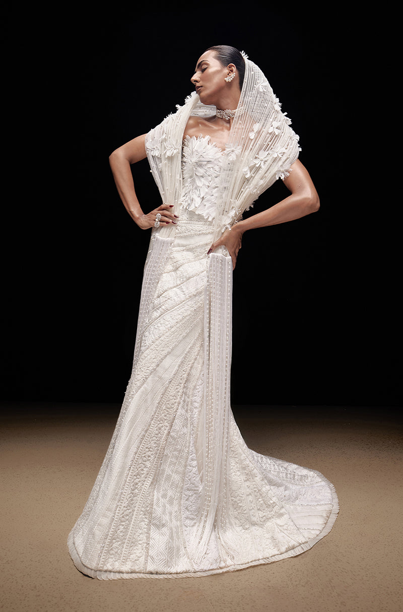Ivory Diagonally Patched Thread Embroidered Swirl Skirt Set