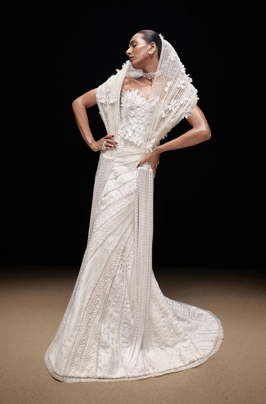 Ivory Diagonally Patched Thread Embroidered Swirl Skirt Set