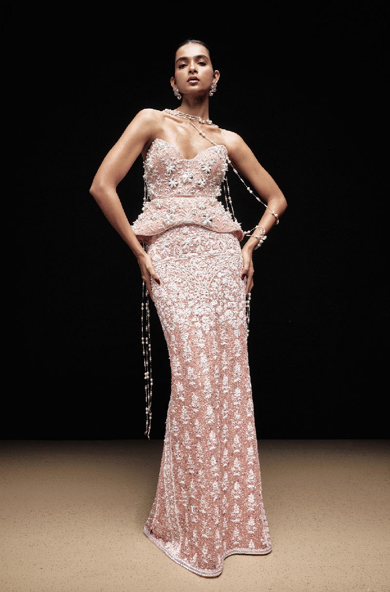 Peach With Ivory Mijwan Column Skirt Set