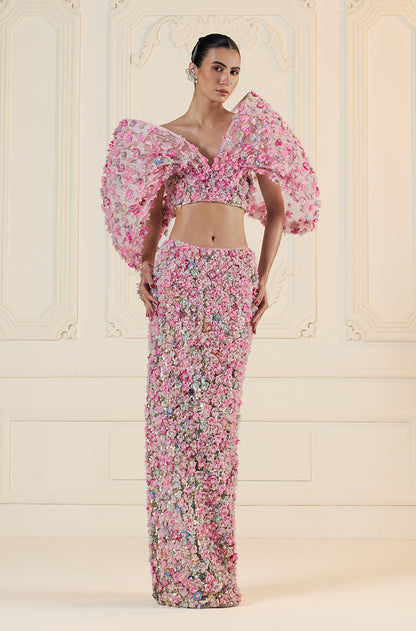 Pink 3D Flower & Sequin Embroidered Slim Skirt Set