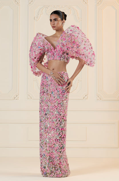 Pink 3D Flower & Sequin Embroidered Slim Skirt Set