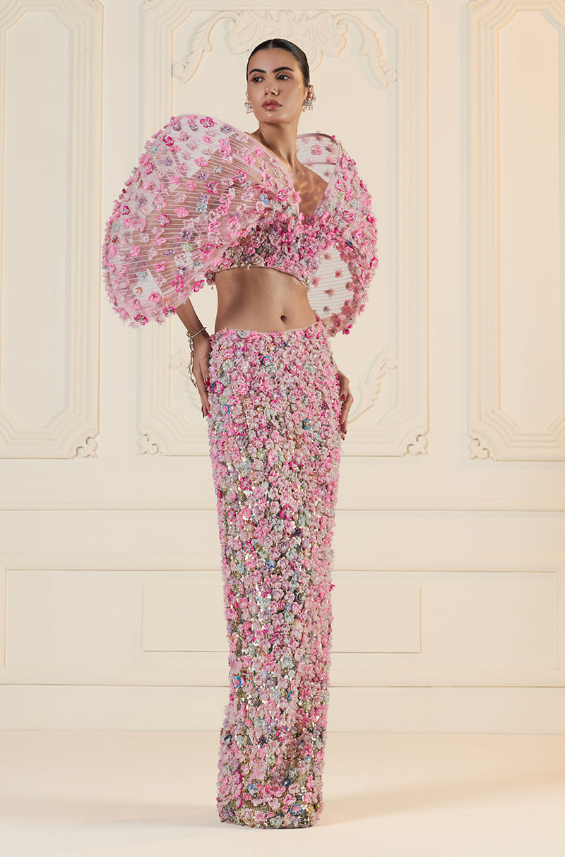 Pink 3D Flower & Sequin Embroidered Slim Skirt Set