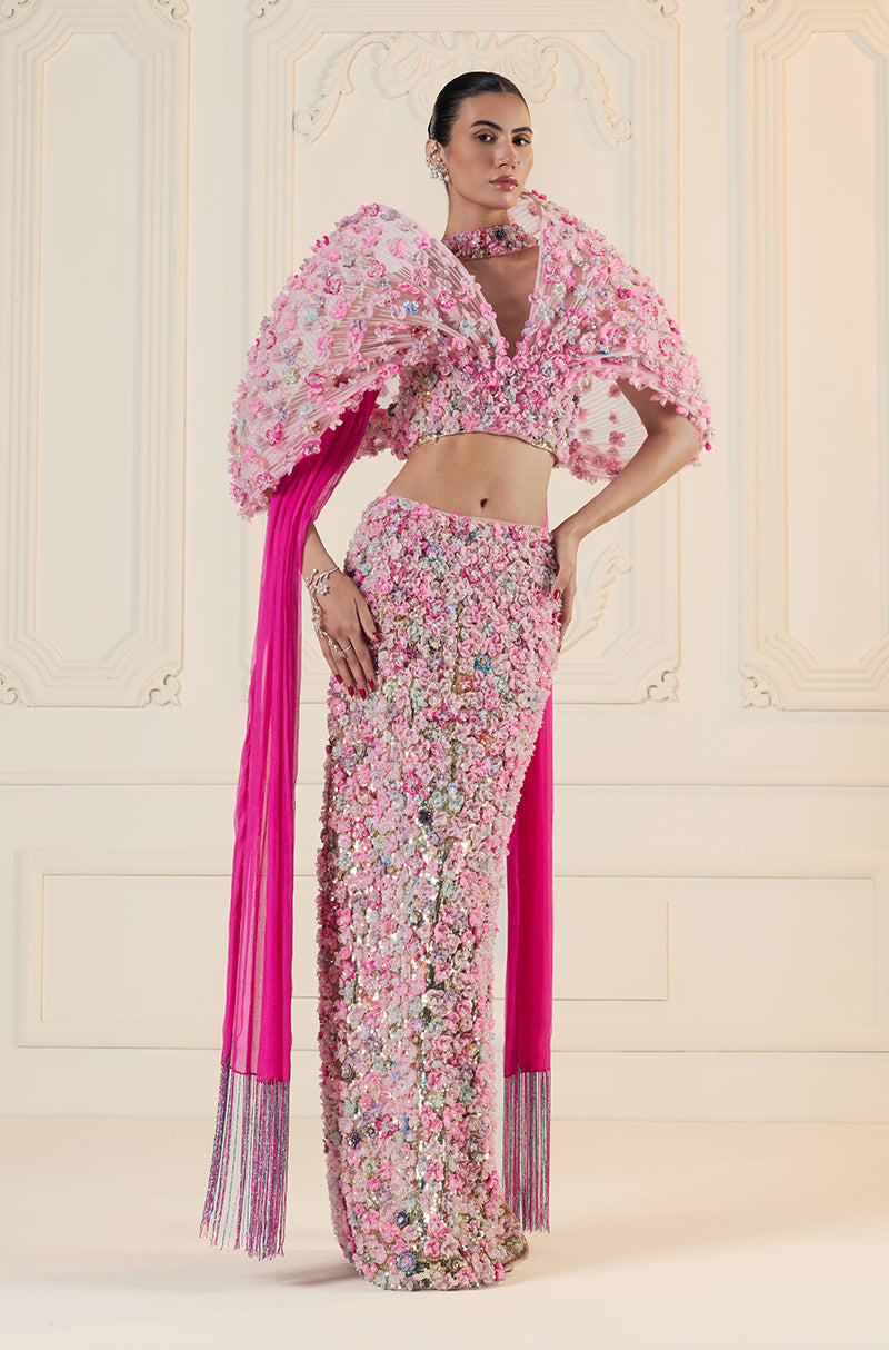 Pink 3D Flower & Sequin Embroidered Slim Skirt Set