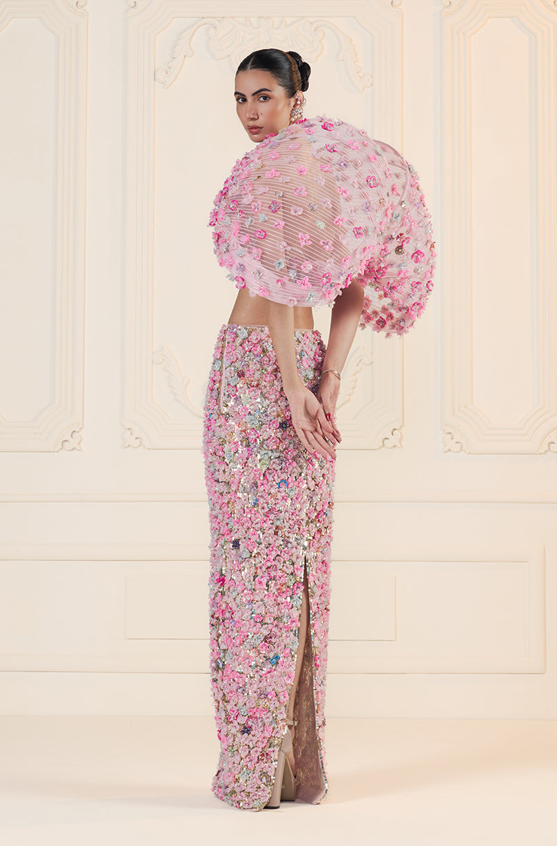 Pink 3D Flower & Sequin Embroidered Slim Skirt Set