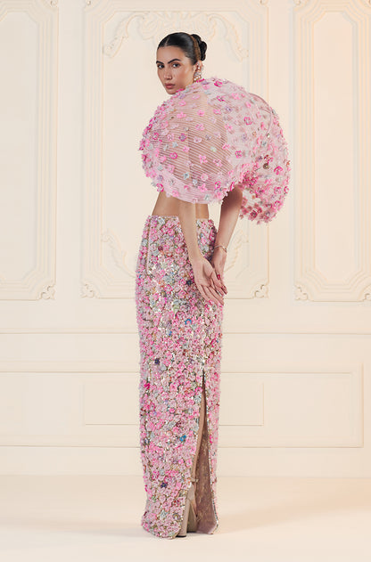 Pink 3D Flower & Sequin Embroidered Slim Skirt Set
