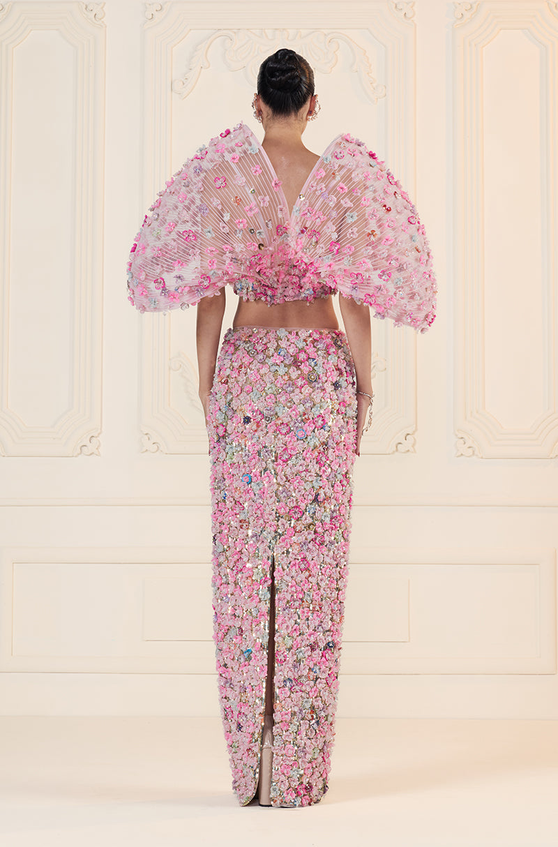 Pink 3D Flower & Sequin Embroidered Slim Skirt Set