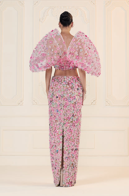 Pink 3D Flower & Sequin Embroidered Slim Skirt Set