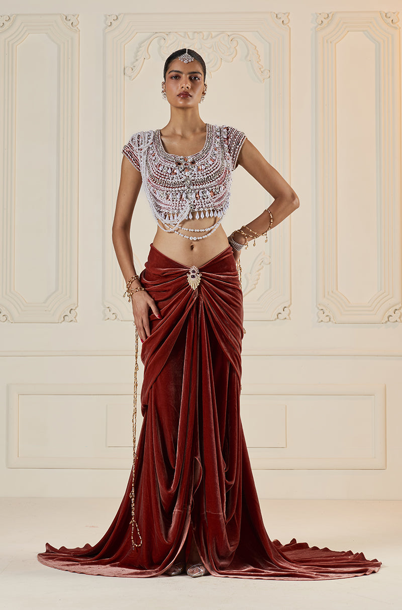 Rust Velvet Wrap Skirt Set