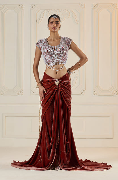 Rust Velvet Wrap Skirt Set