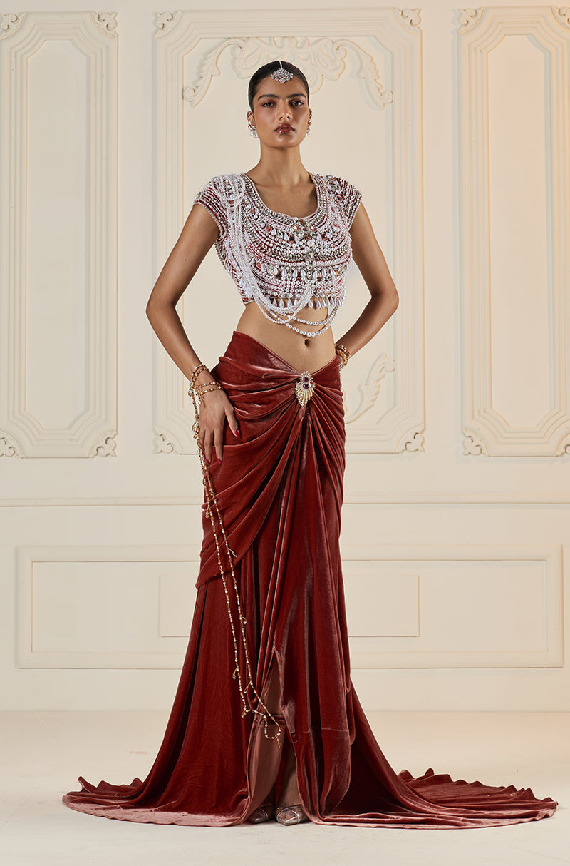 Rust Velvet Wrap Skirt Set