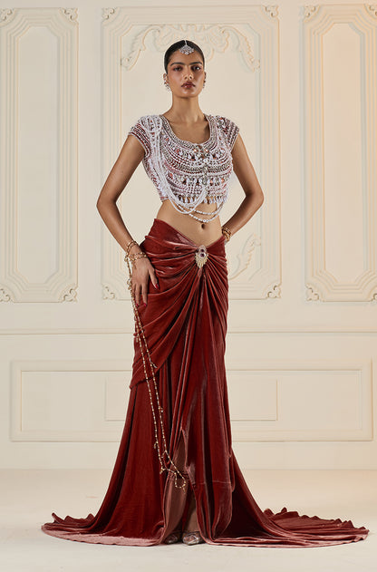 Rust Velvet Wrap Skirt Set