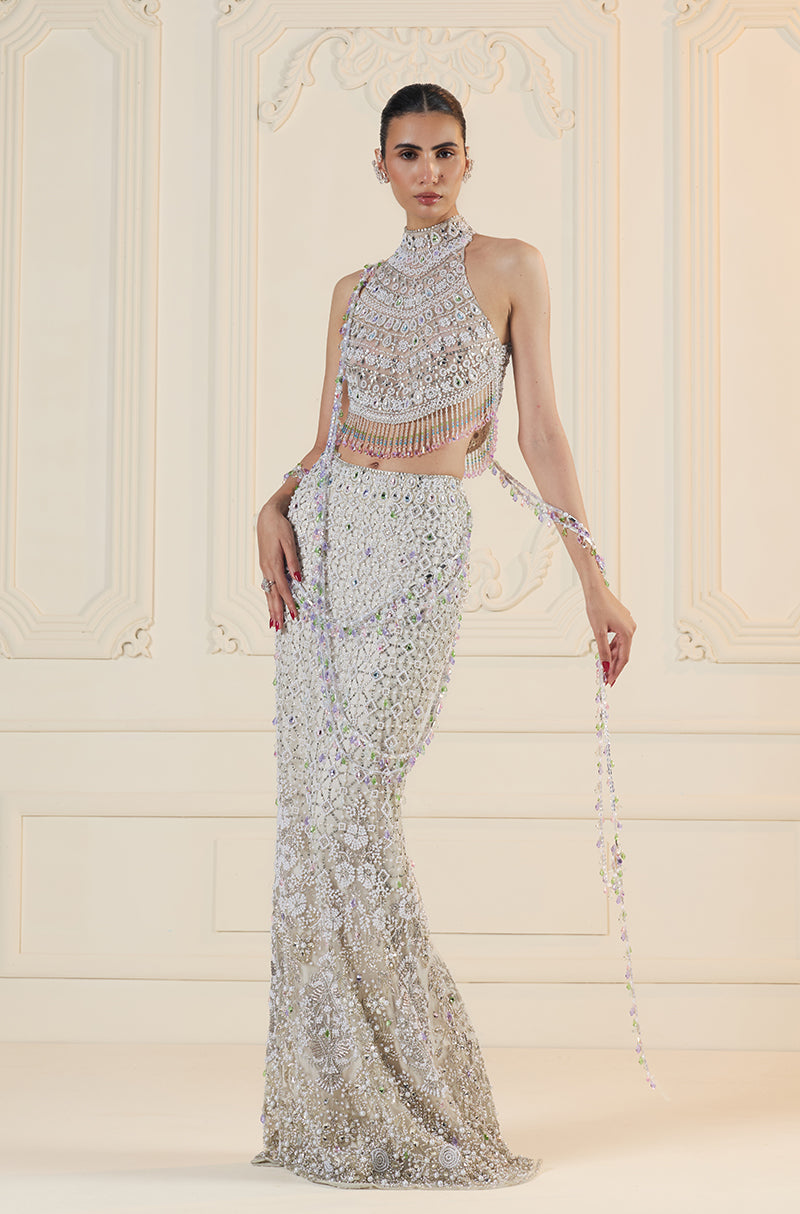 Ivory Embroidered Slim Skirt Set