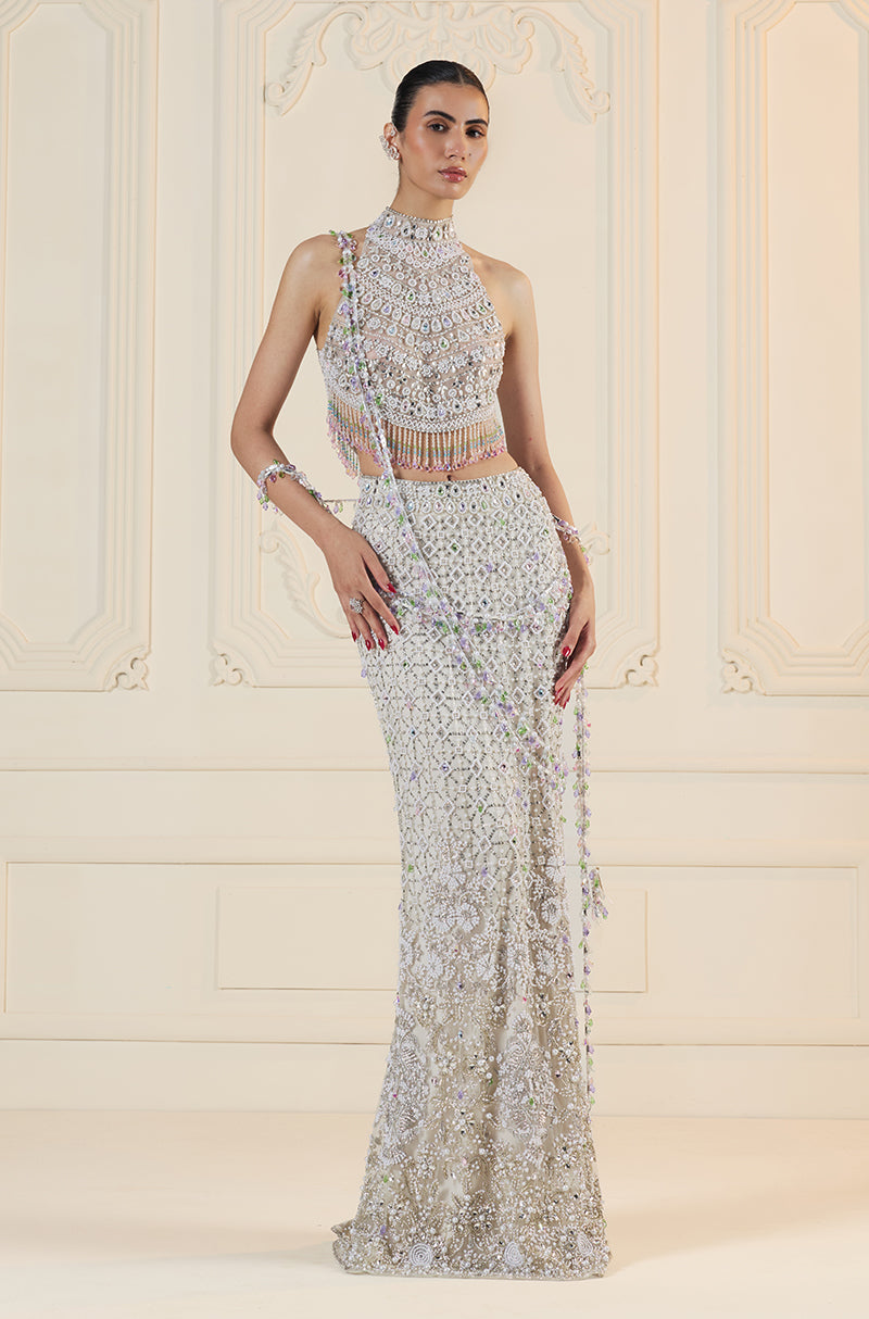 Ivory Embroidered Slim Skirt Set