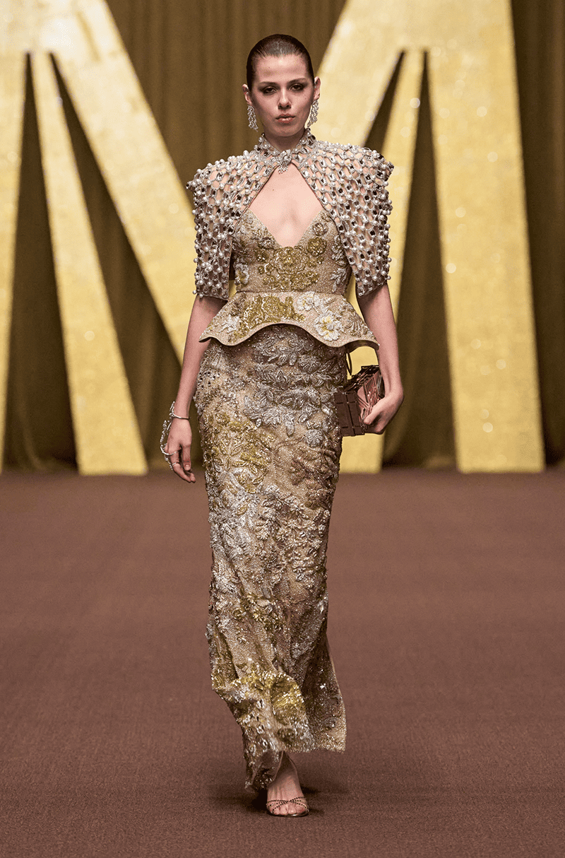 Gold Embroidered Structured Skirt Set