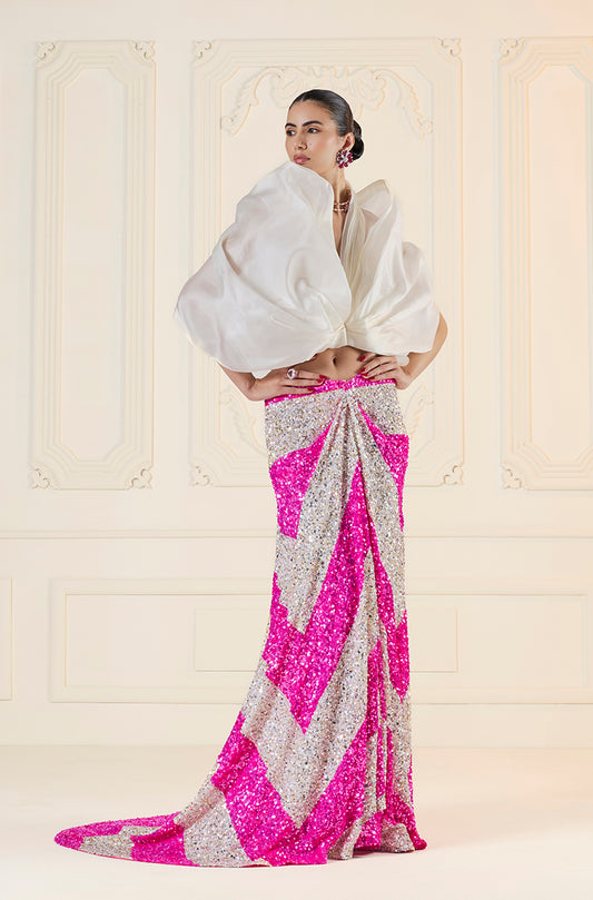 Silver & Pink Stripe Sequin Drape Skirt Set