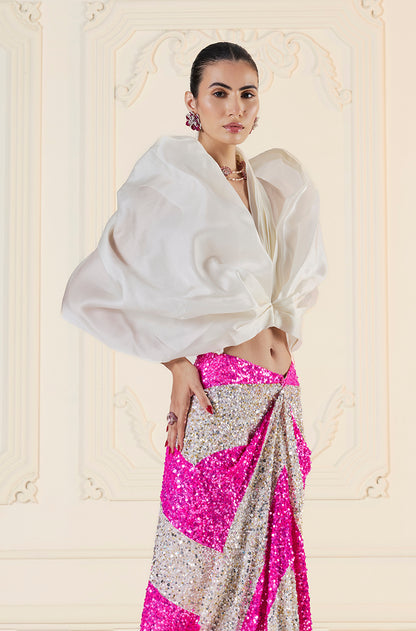 Silver & Pink Stripe Sequin Drape Skirt Set