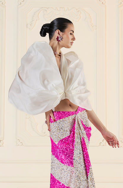 Silver & Pink Stripe Sequin Drape Skirt Set