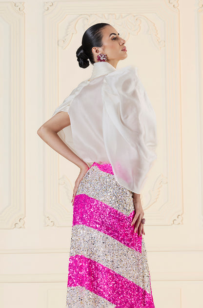 Silver & Pink Stripe Sequin Drape Skirt Set
