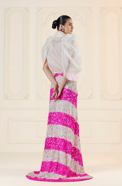 Silver & Pink Stripe Sequin Drape Skirt Set