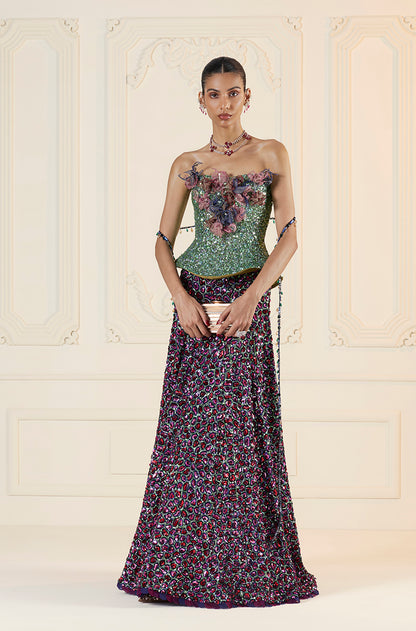 Green With Multicoloured Animal Spot Embroidered Skirt Set