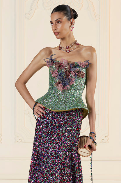 Green With Multicoloured Animal Spot Embroidered Skirt Set