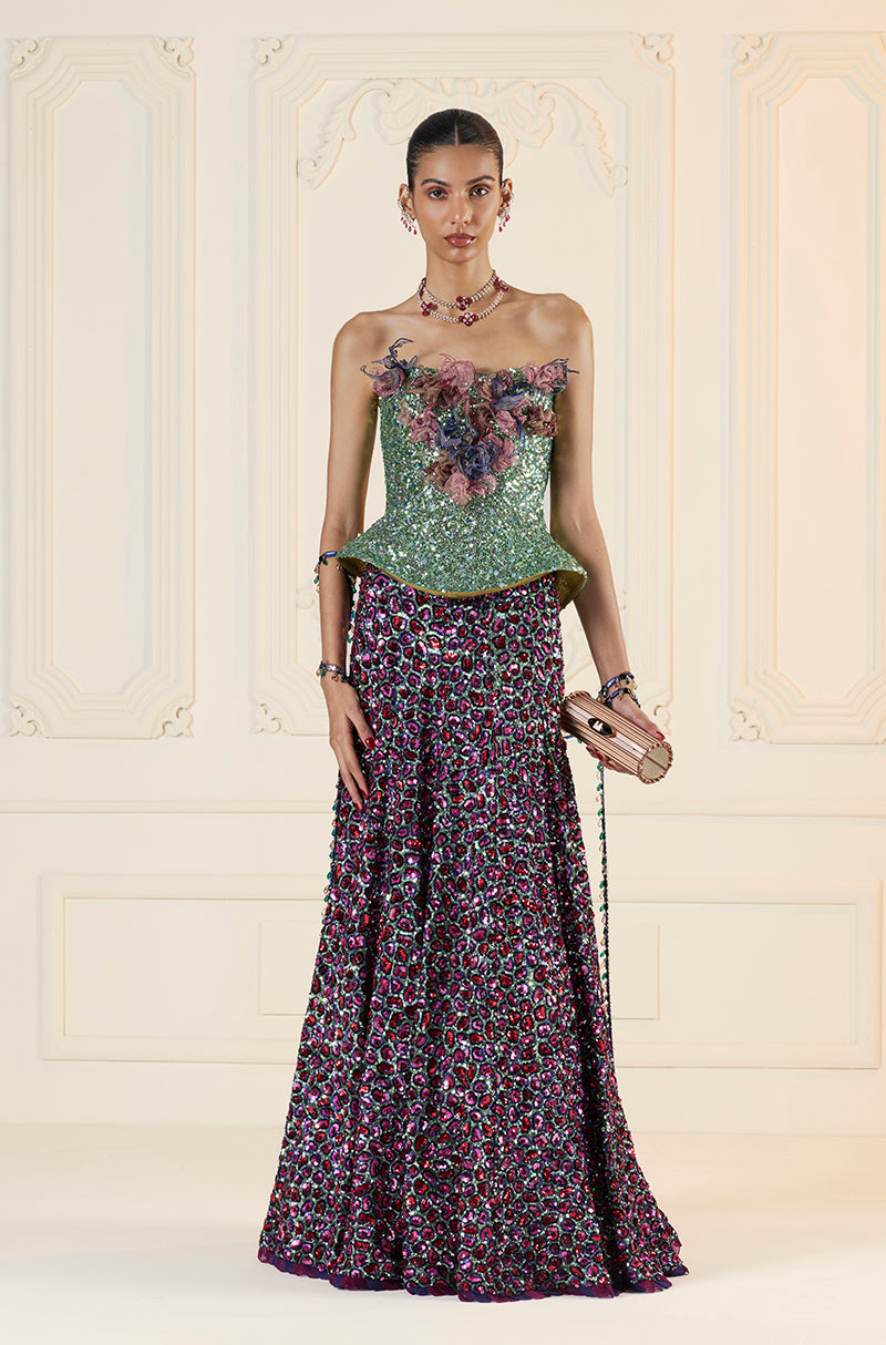 Green With Multicoloured Animal Spot Embroidered Skirt Set