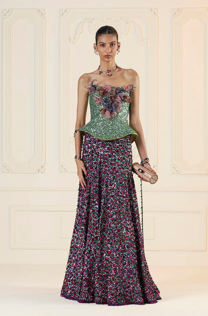 Green With Multicoloured Animal Spot Embroidered Skirt Set