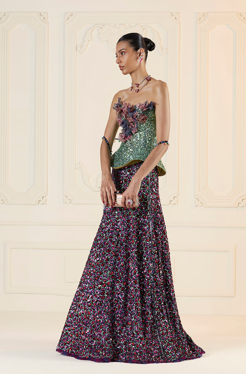 Green With Multicoloured Animal Spot Embroidered Skirt Set
