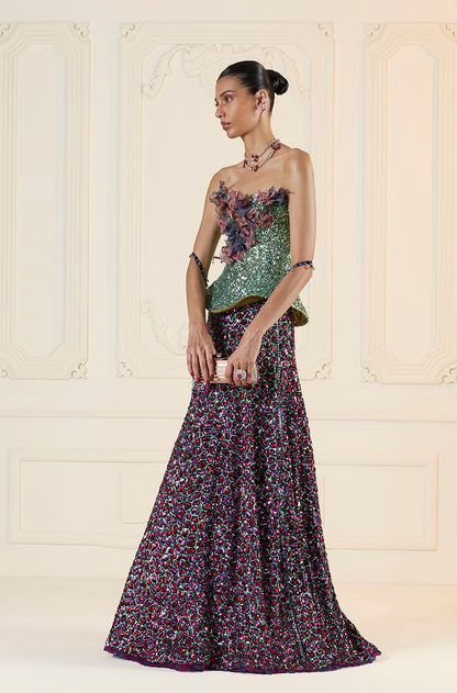 Green With Multicoloured Animal Spot Embroidered Skirt Set