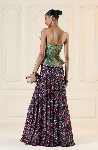 Green With Multicoloured Animal Spot Embroidered Skirt Set
