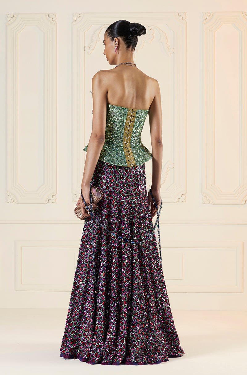 Green With Multicoloured Animal Spot Embroidered Skirt Set