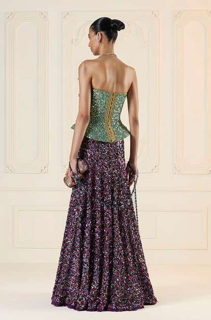 Green With Multicoloured Animal Spot Embroidered Skirt Set