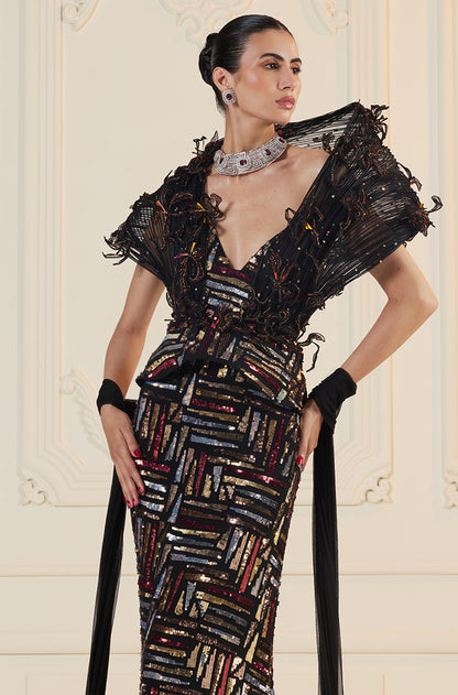 Black With Gold-Silver-Red Sequin Abstract Slim Skirt Set