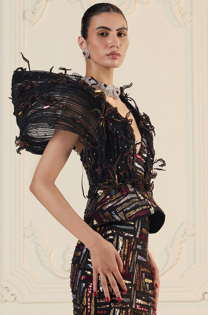 Black With Gold-Silver-Red Sequin Abstract Slim Skirt Set