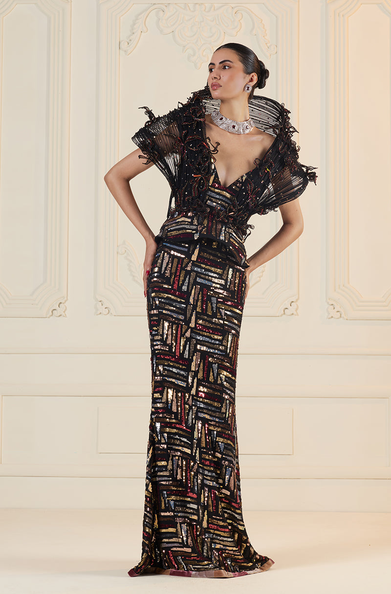 Black With Gold-Silver-Red Sequin Abstract Slim Skirt Set