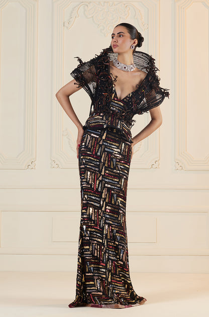 Black With Gold-Silver-Red Sequin Abstract Slim Skirt Set