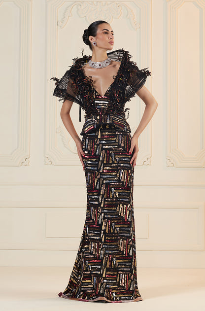 Black With Gold-Silver-Red Sequin Abstract Slim Skirt Set
