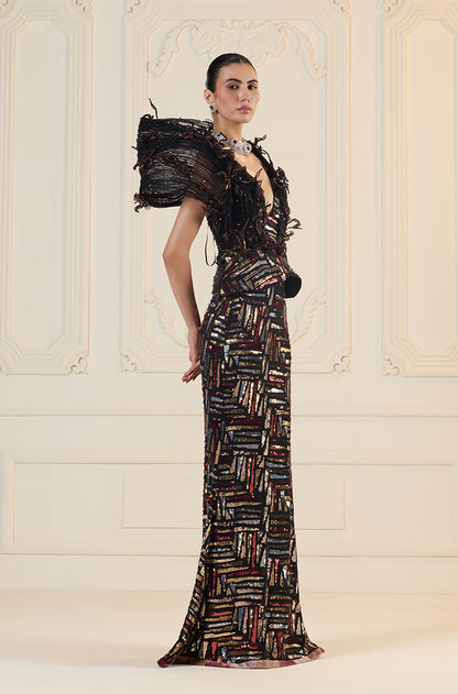 Black With Gold-Silver-Red Sequin Abstract Slim Skirt Set