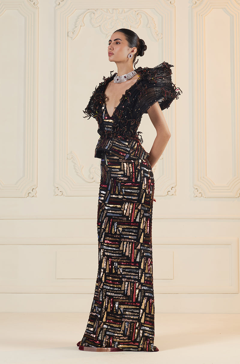 Black With Gold-Silver-Red Sequin Abstract Slim Skirt Set