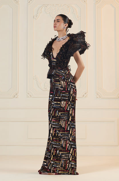 Black With Gold-Silver-Red Sequin Abstract Slim Skirt Set
