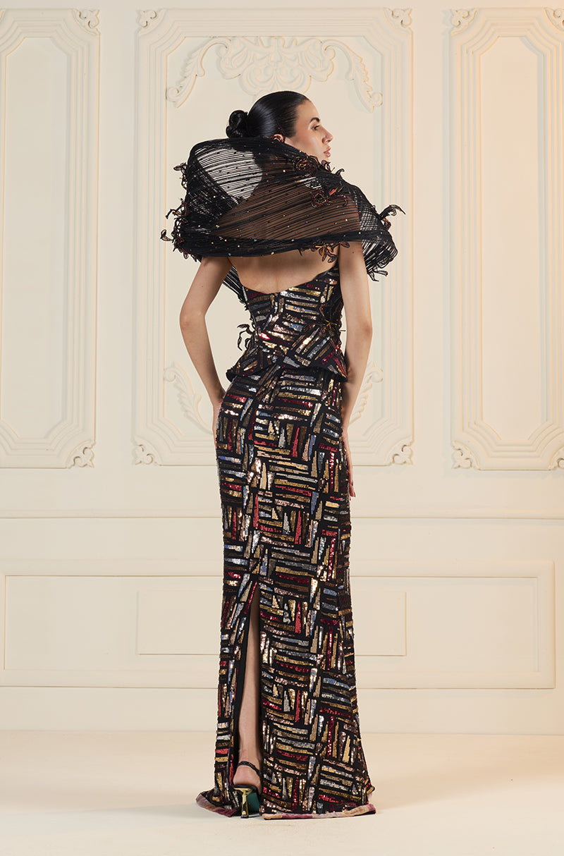 Black With Gold-Silver-Red Sequin Abstract Slim Skirt Set