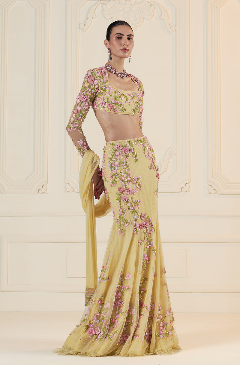 Butter Yellow Tulle 3D Floral Embroidered Fishtail Skirt Set