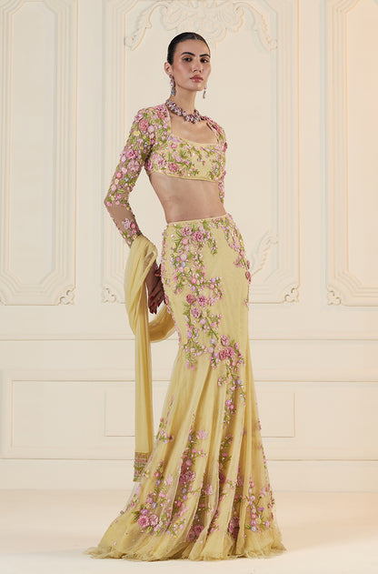 Butter Yellow Tulle 3D Floral Embroidered Fishtail Skirt Set