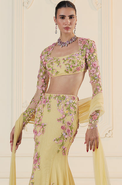 Butter Yellow Tulle 3D Floral Embroidered Fishtail Skirt Set