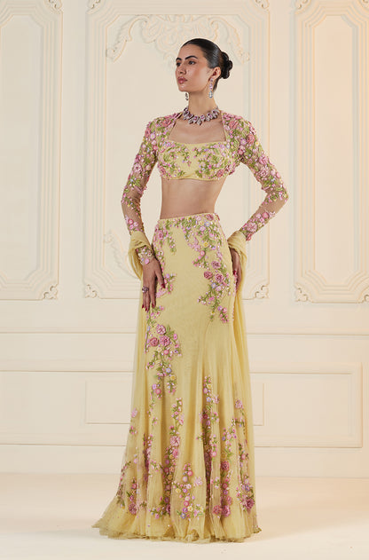 Butter Yellow Tulle 3D Floral Embroidered Fishtail Skirt Set