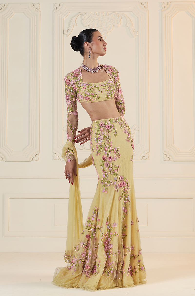 Butter Yellow Tulle 3D Floral Embroidered Fishtail Skirt Set