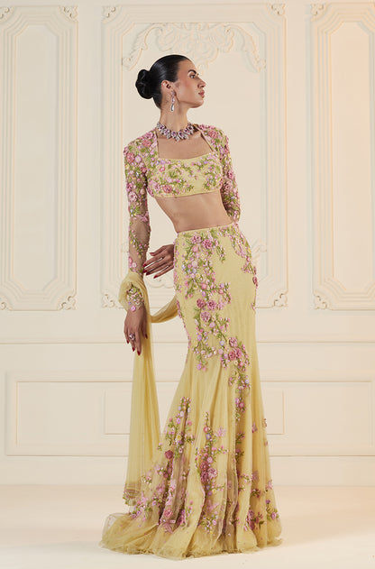 Butter Yellow Tulle 3D Floral Embroidered Fishtail Skirt Set